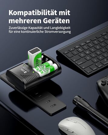 Зарядний пристрій для акумуляторів EBL AA AAA 9V NIMH з 4-ма відсіками, смарт-зарядка, LED-дисплей, швидка зарядка (з набором акумуляторів)
