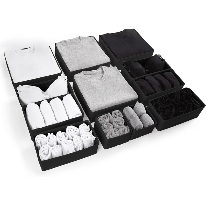 Large Drawer Organization System 12-Piece Set of White Boxes Storage Organizer Drawer Closet Organizer Storage Box Closet Organizer (Black, 4=28x28x10cm, 6=28x14x10cm, 2=14x14x10cm)