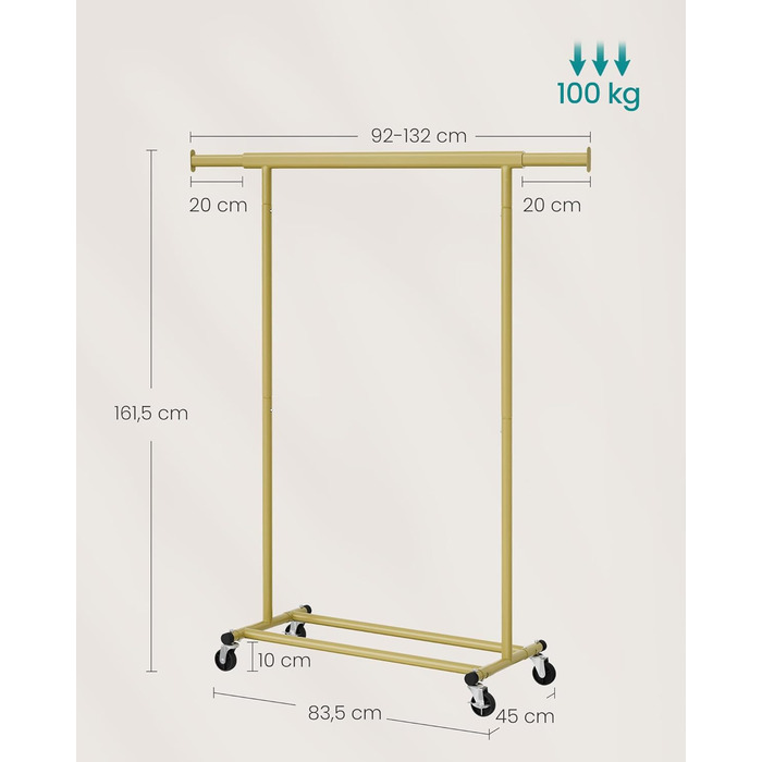SONGMICS Clothes Rack on Wheels, Heavy-Duty Garment Rack, Extendable Clothes Rod, Load Capacity up to 100 kg, Easy Assembly, Portable, HSR13S (Pale Gold, (92-132) cm Width)