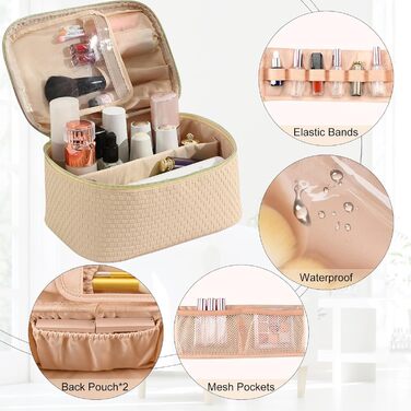 Жіноча косметичка для подорожей, водонепроникна, з відділенням для пензликів, з PU шкіри, велика, оливковий зелений (M Beige)