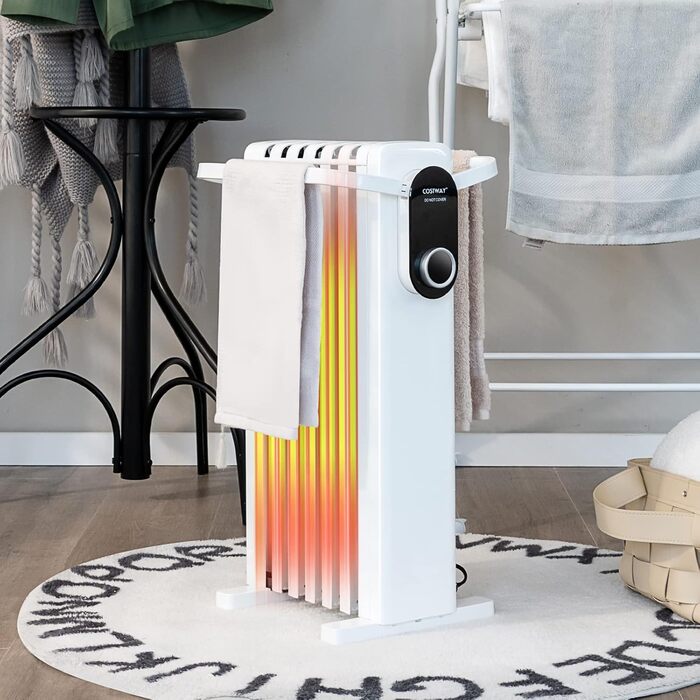 Масляний радіатор COSTWAY 1500W з 7 ребрами, 5-35°C, 3 режими нагріву, мобільний, з захистом від перегріву, білий