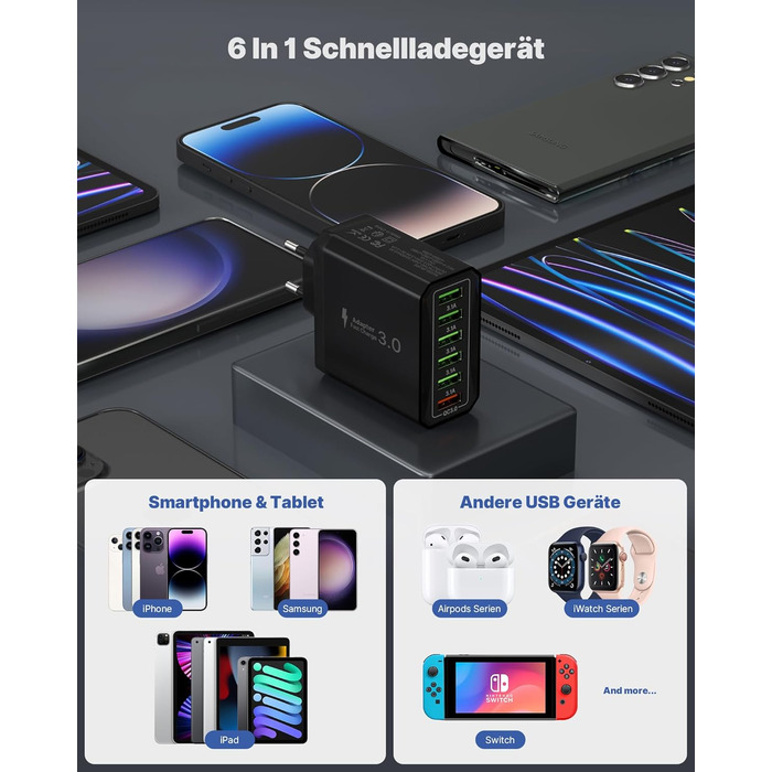 Зарядний пристрій USB 2 шт, 6 портів 33W QC 3.0 + USB 3.1A, мережевий адаптер для iPhone 16/15/14/13/12/11 Pro Max SE XR XS, iPad Pro, Samsung, смартфонів - Чорний