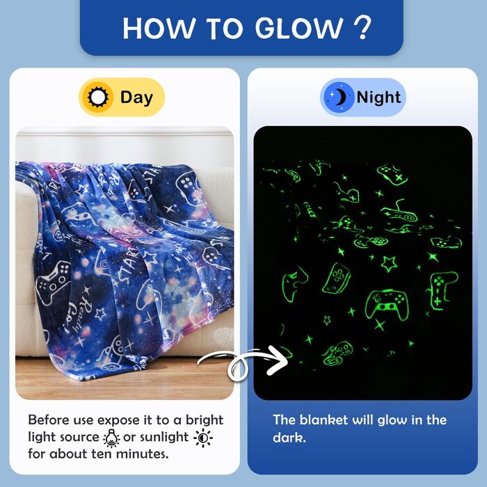 Плед-іграшка з принтом геймпада, що світиться в темряві, 127x150 см, сірий (з блакитними елементами)