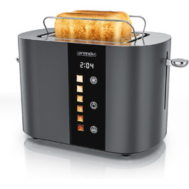 Тостер Arendo з нержавіючої сталі, 2 відділення, сенсорний екран, подвійні стінки, 800 Вт, підставка для тостів, 6 рівнів підсмажування, центрування хліба, індикатор часу, функція пам'яті (Колір: Cool Grey)