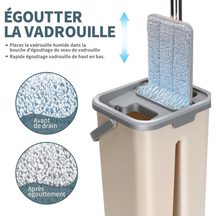 Набір для миття підлоги з відром, Masthome: компактний моп з відром та вичавкою, 3 мікрофібрових насадок, нержавіюча сталь, 2-в-1, для дерев'яних, плиткових та мармурових підлог, бежевий, 2.9л