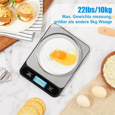 Кухонні ваги Diyife 10 кг / 1 г, електронні, з LCD-дисплеєм, для випічки та приготування їжі, з тарою, автовимкненням, платформа з нержавіючої сталі, 6 одиниць вимірювання, чорні