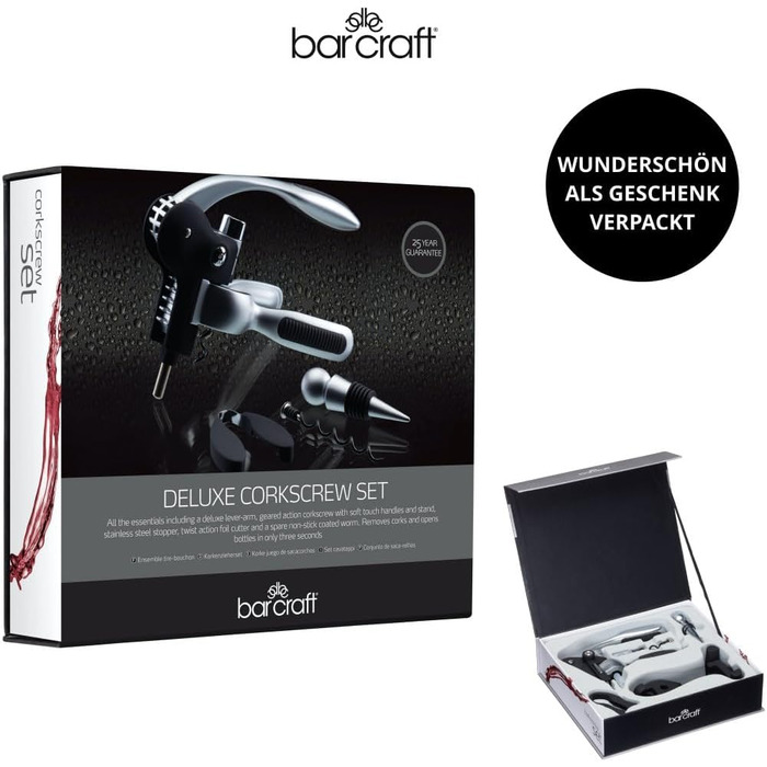 BarCraft Waiter's Corkscrew and Wine Bottle Opener, with Bottle Stopper, Foil Cutter and Replacement Non-Stick Worm, Metal Shimmer, 1 Set with Presentation Box