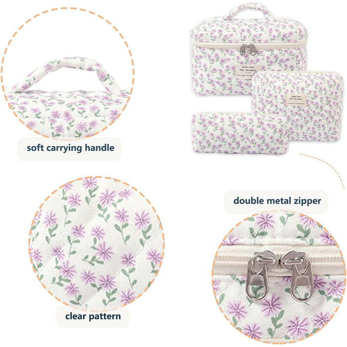 Набір косметичок для подорожей для жінок, 3 шт. з бавовни, великі культки з квітковим принтом для косметики та аксесуарів (фіолетовий павіан)