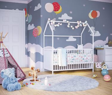 Bellabino Nika Babybett in House Style 70 x 140 cm, crib and house bed for children and babies made of solid pine wood in white, 3-fold height adjustable including slatted frame