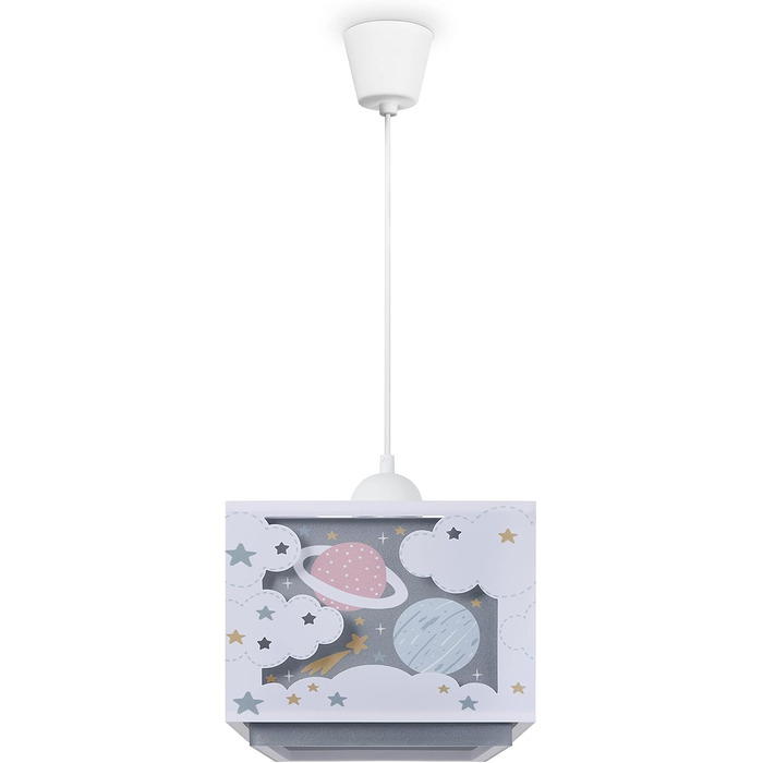 Paco Home Hanging Lamp Children's Room Ceiling Lamp Pendant Light Lampshade Fabric E27 Lion Jungle Glows in the Dark (Planets, Gray)