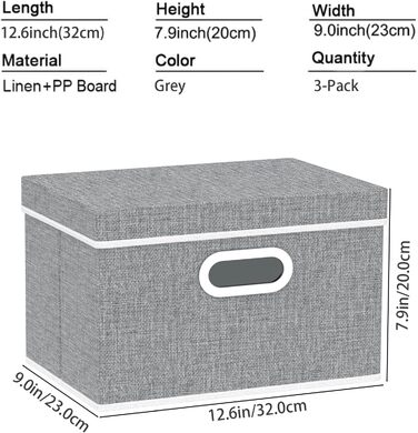 Yawinhe 3-Piece Storage Boxes with Lids, Foldable Fabric Storage Box with Handles, Storage Boxes, for Bedroom, Clothes Storage, 32x23x20cm, Grey, SNK023G-3