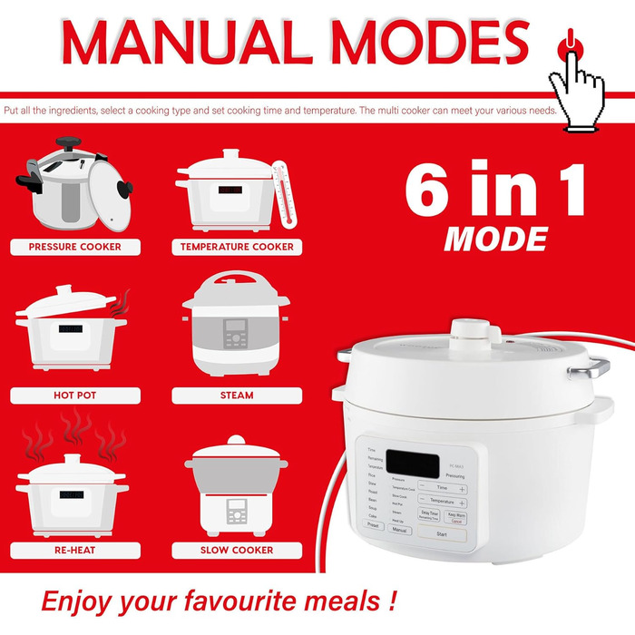 Мультиварка Woozoo PC-MA3, 12-в-1: мультикочер, сковорода, рисоварка, 6 режимів, 6 меню, біла