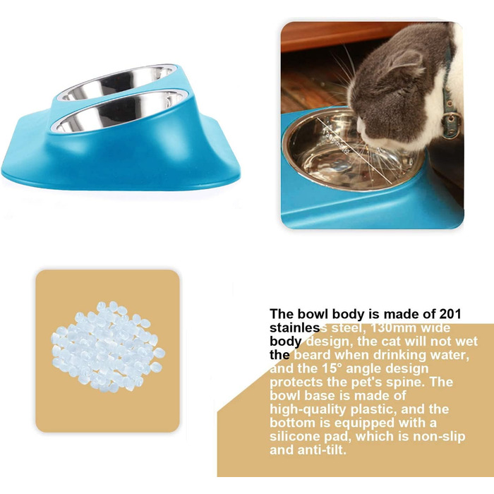 Підвищений годівниця для кошенят та цуценят, з нержавіючої сталі, з підставкою, захист шийного відділу хребта, нахил 15°, неслизька, подвійно піднята годівниця для домашніх тварин, для котів та маленьких собак (подвійний миска / Blue)
