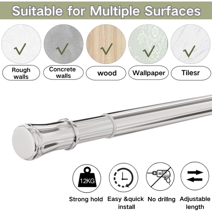 Штанга для карниза без свердління та шурупів, телескопічна, для душу та шафи, 85-230 см (діаметр 32 мм)