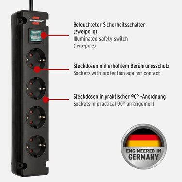 Смуга розподілу Brennenstuhl Bremounta 4-fach з вимикачем, чорна (90° розетки, кріплення, 1,5м кабель)