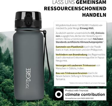 Пляшка для води 720°DGREE 'uberBottle' з ситечком, 650 мл, чорна - BPA-Free, спортивна, для фітнесу, школи, дітей, велосипеда, активного відпочинку, Tritan