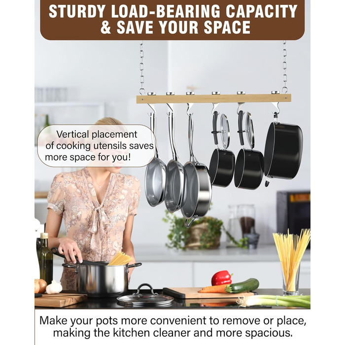 Chef Standard Wooden Pot Rack, Single Bar