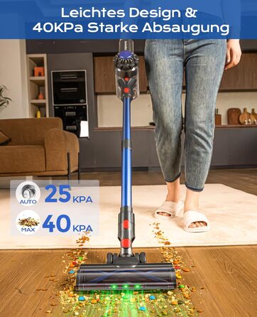 Бездротовий акумуляторний пилосос Ivormentico 50 хв / 40 кПа / 450 Вт з LED, для видалення шерсті тварин, темно-синій