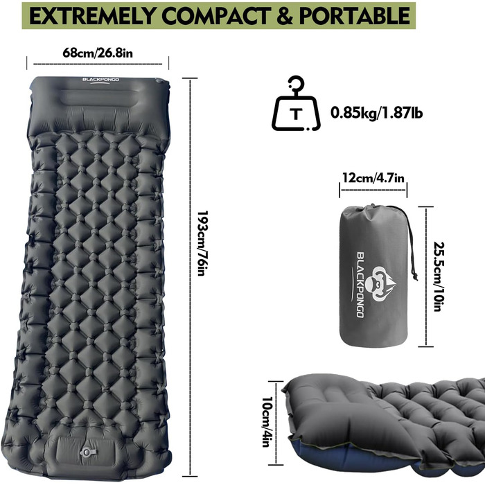 Twin Camping Sleeping Pad with Built-in Pillow & Foot Pump - Lightweight Inflatable Mat for Camping, Backpacking, Hiking & Travel (Gray, Double Size)
