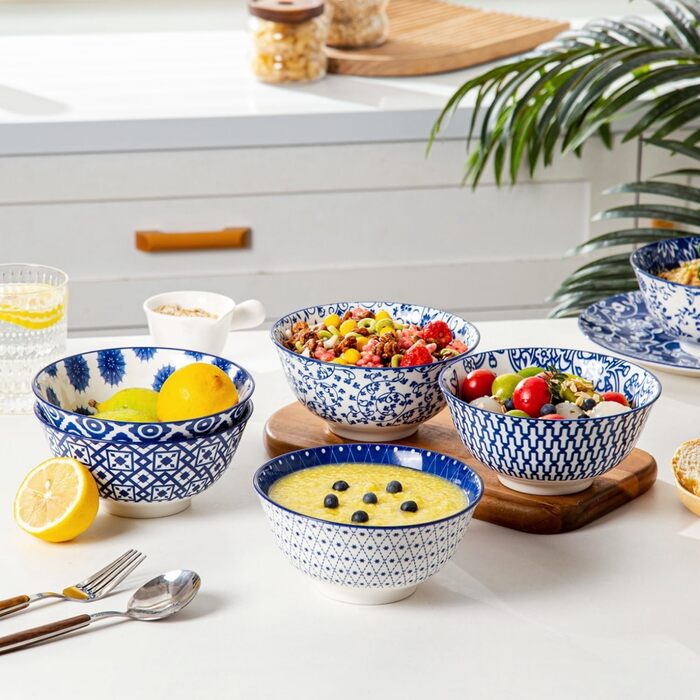 Набір супових тарілок з кераміки (6 шт.) - 709 мл, глибокі миски для каші, салату, пасти, десерту - кераміка, блакитний вінтаж