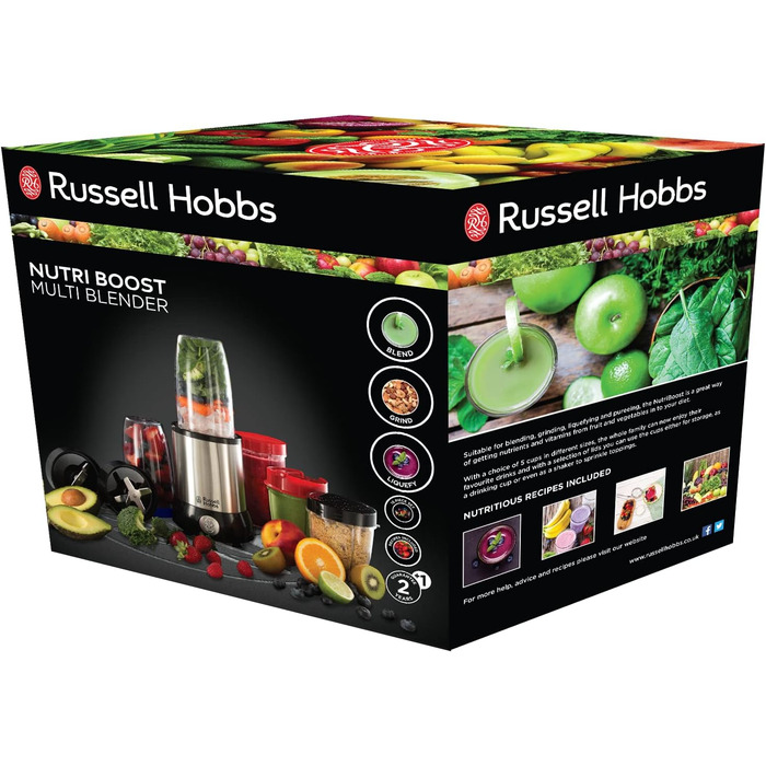 Russell Hobbs Mixer [Multi-function Stand Mixer] NutriBoost (includes 5 BPA-free and dishwasher-safe containers + lids, 22,000 RPM, 0.9 HP motor) electric, smoothie maker 23180-56 Single
