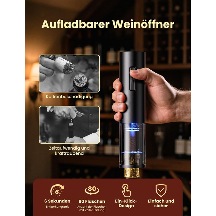 Електричний відкривачка для вина GHB 6-в-1 з USB-зарядкою, різець фольги, виливає вино та вакуумний затвор - ідеальний подарунок для поціновувачів вина (8-в-1)
