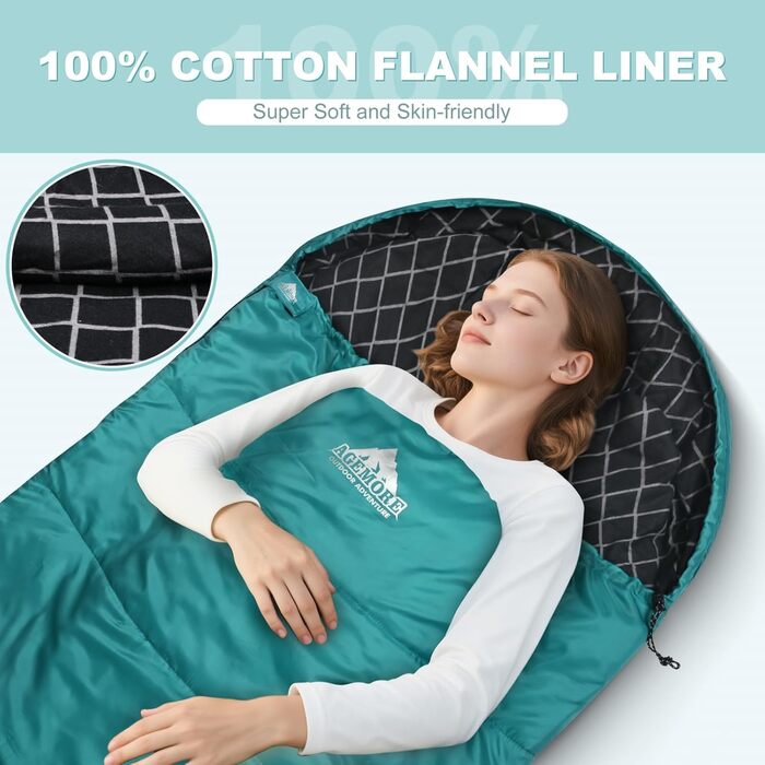 Спальний мішок Baumwoll-Flanell для дорослих: легкий, водонепроникний, 100% бавовна, для кемпінгу, подорожей, відпочинку вдома та на природі (Морська блакить)