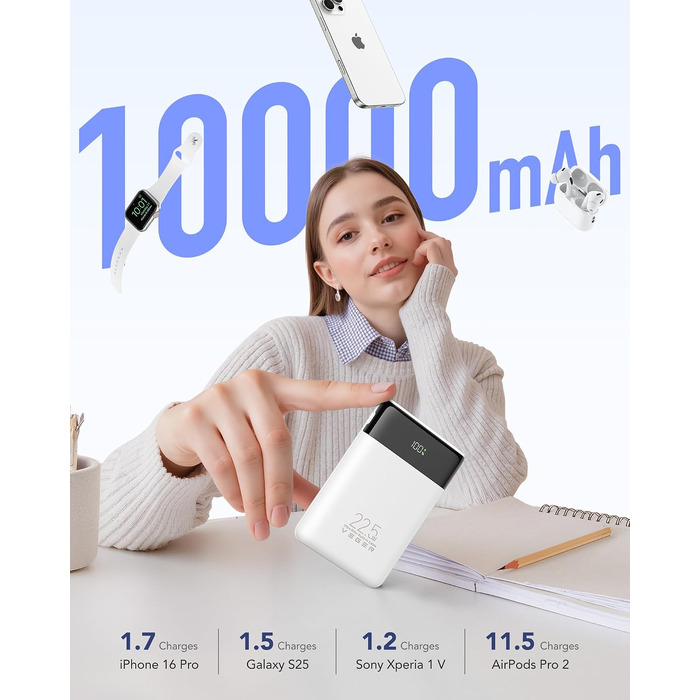 Повербанк VEGER 10000mAh 22.5W з вбудованим кабелем USB-C, швидка зарядка, білий
