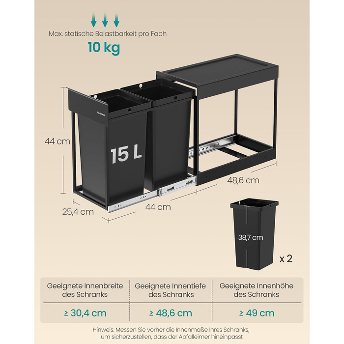 Відро для сміття SONGMICS 2 x 15 л з роздільними відсіками для нижньої шафи, сталевий каркас, ABS-кришка, чорний колір, LTB950B01