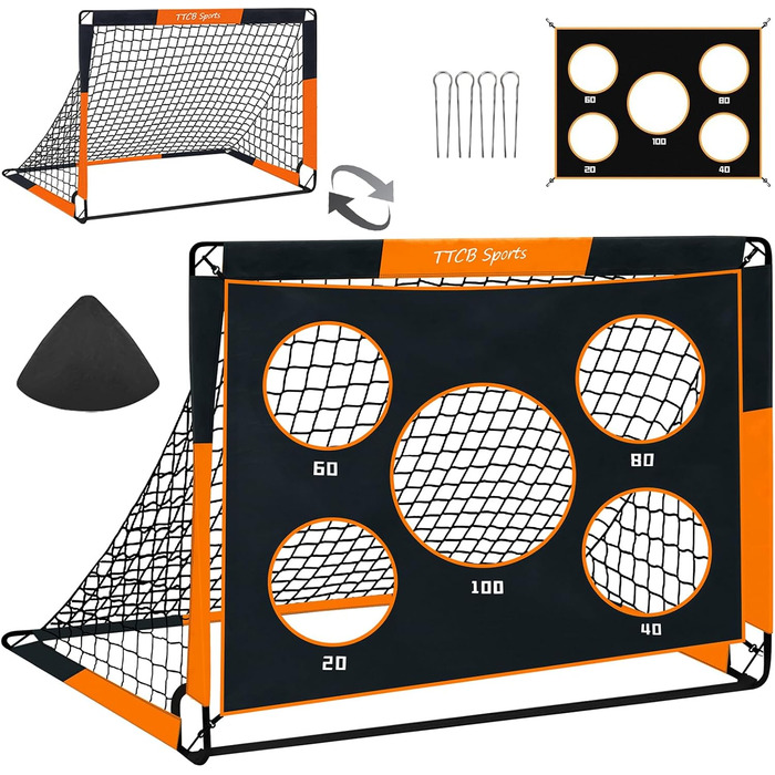 TTCB Sports 2-in-1 Kids Soccer Goal - 5 Target Areas, Pop-Up Soccer Goal Net with Carry Bag, Ideal for Soccer Training & Gifts for Boys - Orange, 150x120x120cm