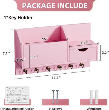 Настінна органайзер для ключів з 6 гачками та шухлядою, дерев'яний, для дому, офісу, прихожої (білий, рожевий)