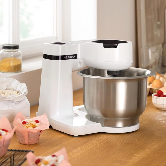 Bosch Kitchen Machine Series 2 MUMS2EW00, 3.8 L Stainless Steel Bowl, Planetary Mixing System, Dough Hook, Beaters and Whisk (Stainless Steel), 4 Speed Settings, Expandable with Optional Accessories, 700W, White