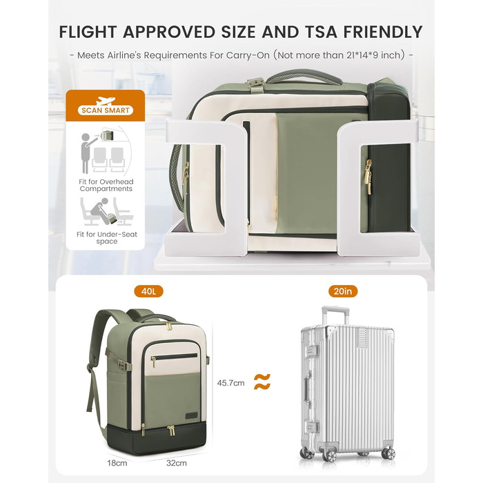 LOVEVOOK Рюкзак для ручної поклажі 40L з окремим відділенням для взуття, жіночий, для подорожей (3 шт.) Бежевий, Зелений
