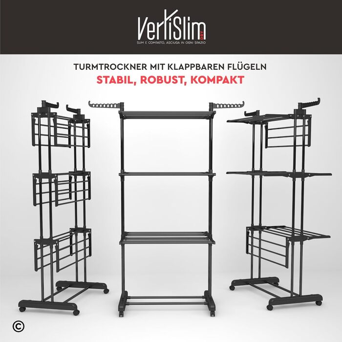 Сушарка для білизни VertiSlim складана, вежа з 4 рівнями, нержавіюча сталь, на колесах, чорна - для дому та вулиці