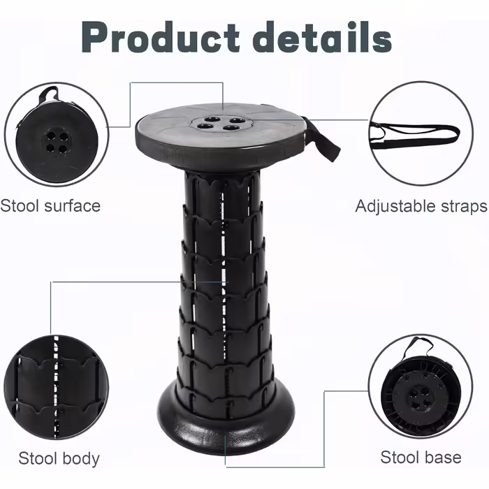ALEVMOOM Portable Folding Stool with Cushion, Folding Camping Stool, Stool, Workshop Stool, Telescopic Folding Stool for Adults, 550lb Weight Capacity with Bag and Carabiner (Black) (Black)
