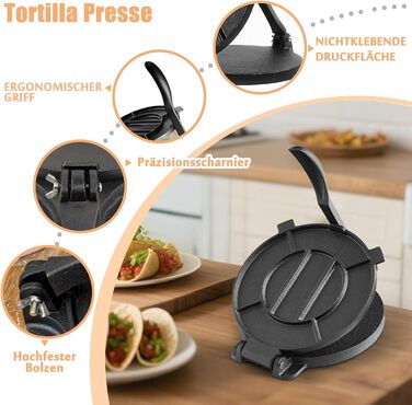 Пресс для тортилій з чавуну 25 см, ротатор, прес для тако, чорний