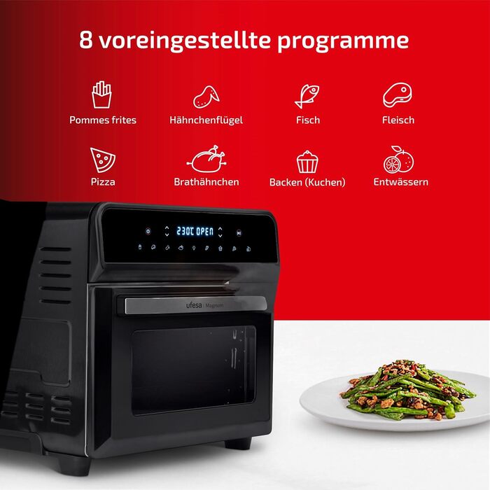 Ufesa Magnum Hot Air Fryer XXL, 23L, Double Resistance, Energy-Saving, 8 Programs, 1800W, Digital Control, Temperature 230ºC, 6 Accessories Included, Metal Housing