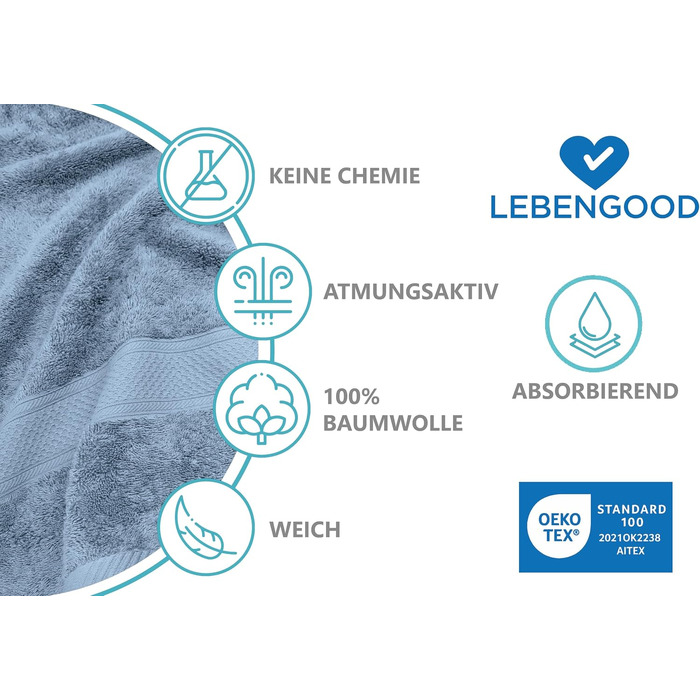 Набір махрових рушників LEBENGOOD з бавовни, 4 шт. (50x90 см), небесно-блакитні, сертифіковані Oeko-TEX