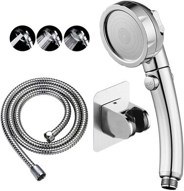 KAIYING Drill-Free High-Pressure Hand Shower with ON/OFF Pause Switch, 3 Spray Modes, Water-Saving Shower Head, Detachable Puppy Shower Accessory (M: Shower Head (Chrome) + Holder + Hose)