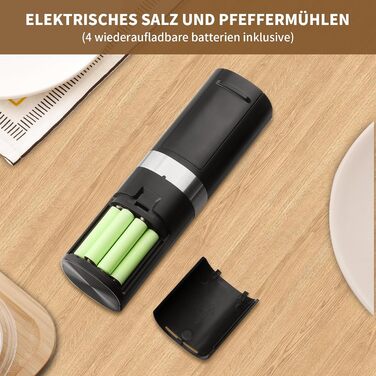 Salt and Pepper Shakers Electric 2-Piece Set, Automatic Pepper Grinder with Charging Station, USB Rechargeable Spice Grinder Electric, Adjustable Coarseness, One-Hand Operation, Ceramic Grinder, LED Light