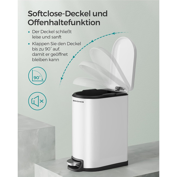 Сміттєвий кошик для ванної кімнати SONGMICS ISLAND LTB10WT, 10 л, з кришкою та системою Soft-Close, сталевий, білий