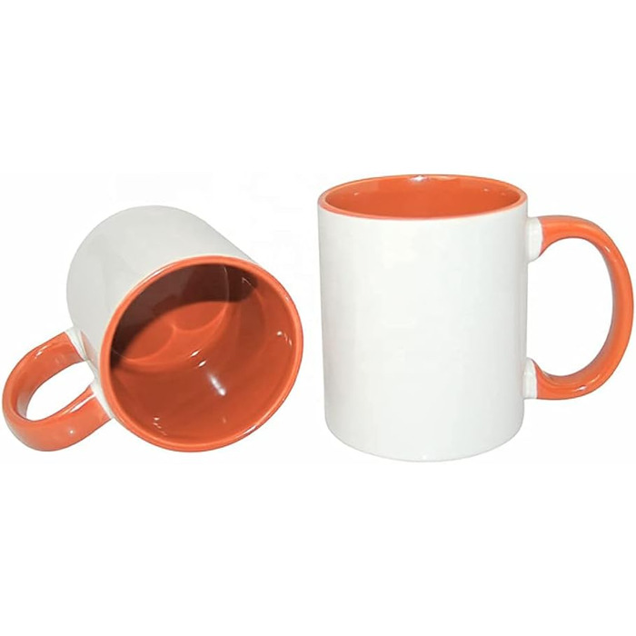 MR.R Set of 6 Sublimation Blanks, Dishwasher Safe, White Ceramic Mug, Porcelain, Coffee Mug with Inner Handle, Orange Color, Round Handle, 11 Ounces, for Heat Transfer Printing