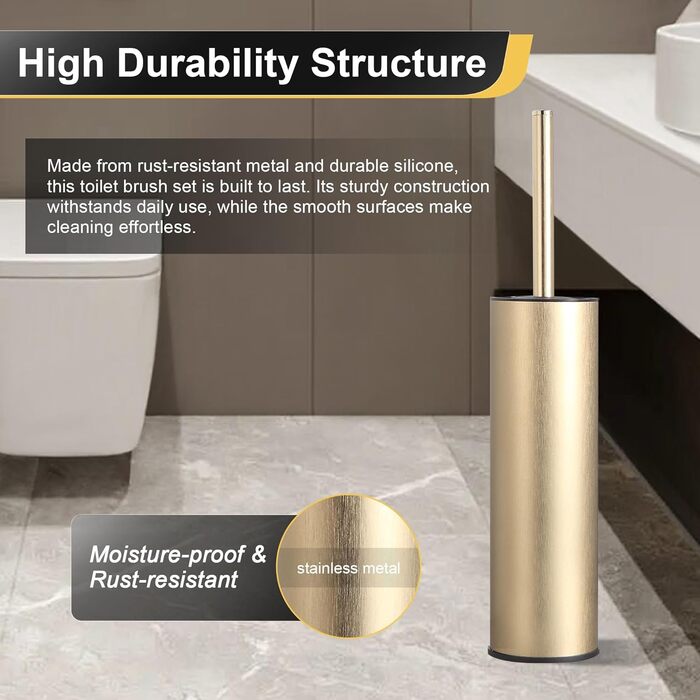 Підлогова щітка для унітазу DAZI з металевим покриттям, матова, з 2 довгими щітками для глибокого очищення, запобігає розбризкуванню та затримці води. (Бурштяне золото)
