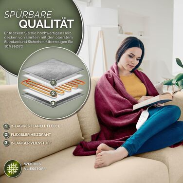 Електрична гріюча ковдра Sinnlein® з плюшу 200x180 см | 9 температурних режимів, таймер, автовимкнення | Зручна ковдра, прання до 40°C, цифровий дисплей, бордовий колір