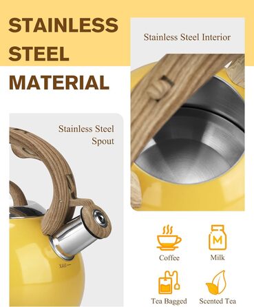 Чайник Teekessel 2.1 л з плитою, чайник з нержавіючої сталі з дерев'ястим малюнком, складаний ручка, підходить для всіх типів плит (Слонова кістка) (Жовтий)