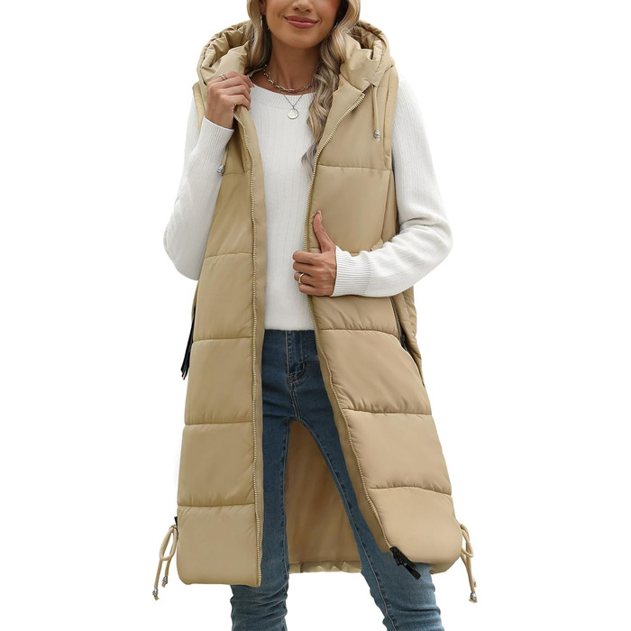 Тепла зимова жилетка Vancavoo з капюшоном, XXL, хакі. Легка стьобана жилетка з пуху для жінок та чоловіків. Перехідна куртка-жилетка на осінь/зиму.