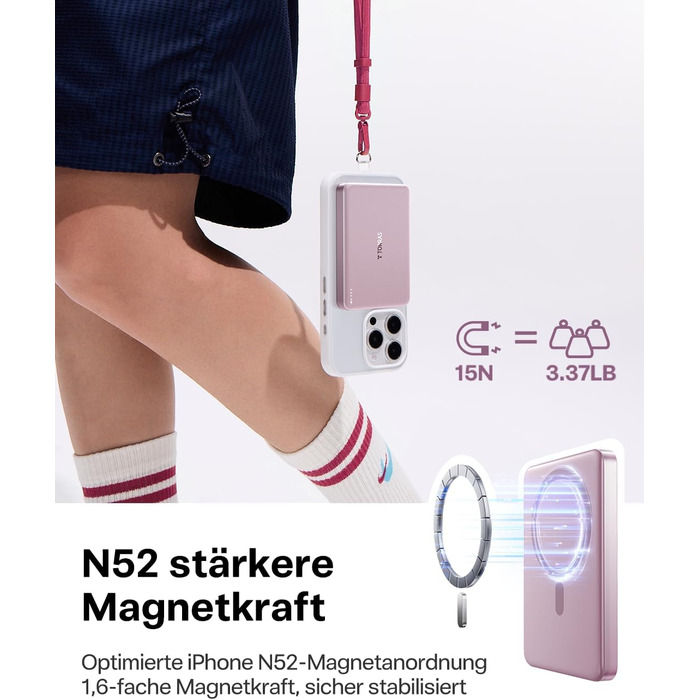 Портативний зарядний пристрій TORRAS MiniMag MagSafe, 10000mAh, 22.5W, з магнітним кріпленням, рожевий. Power Bank для iPhone 17 Pro Max/Air/16/15/14/13/12, Wüsten Titan.