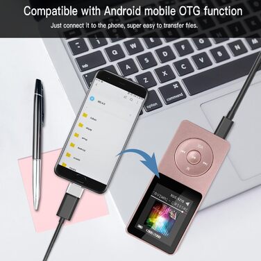 MP3 плеєр AGPTEK 16GB з екраном 1.8 дюйма, 70 годин відтворення, FM радіо, підтримка TF карт до 128GB, рожеве золото