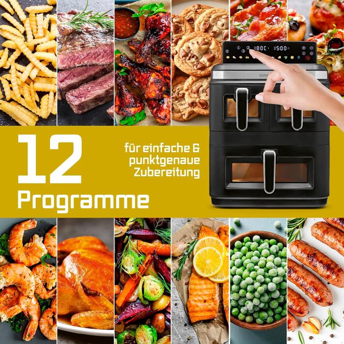 Фритюрниця електрична Gourmetmaxx FryUp3 з 3 камерами 17л, Airfryer з сенсорним дисплеєм, 12 програм, вікном огляду – для 12 осіб