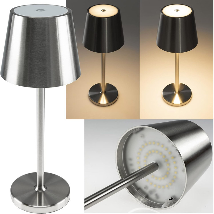 Настільний світильник акумуляторний ChiliTec 30см, LED, димується, USB зарядка, IP44, тепле світло, сенсорний вимикач, срібний